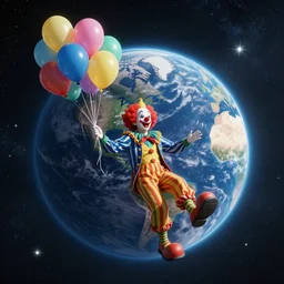 a clown and balloons floating in space, entire planet Earth in the background, sky full of stars, inspiring, epic, cinematic, award-winning, highly-detailed