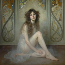 a portrait of beautiful woman sitting on the floor, inside a apartment with art nouveau architecture, detailed oil painting, misty, ethereal, dramatic lighting, 8 k, by ruan jia and alphonse mucha and jeremy mann