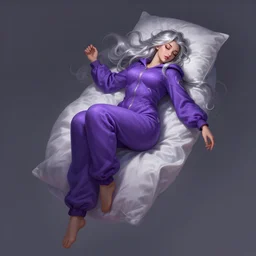 a highly detailed illustration of beautiful silver haired woman wearing purple onesie floating on pillow, dramatic floating pose, sleepy expression, intricate, elegant, highly detailed, centered, digital painting, artstation, concept art, smooth, sharp focus, league of legends concept art, wlop