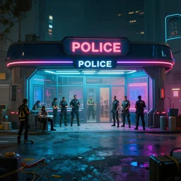 photo environement cyberpunk police station : 4, 4 k rtx hdr volume light concept studio matte painting environement digital illustration style cyberpunk 2 0 7 7 artstation artur tarnowski, mihai muscan, marcin tomalak, marta leydy, marcin stepien, charlotte hughes, zuzanna dabrowa neon bioluminiscence