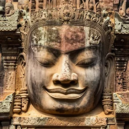 the smiling eyes of the divine peaks, illustrated in a style inspired by Khmer architecture