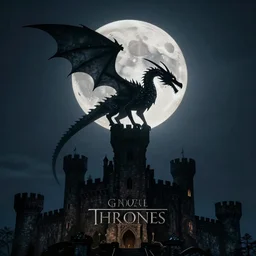 a dragon silhouette crossing the full moon at night, with dark castle in foreground, cinematic frame by steven spielberg, game of thrones, hd