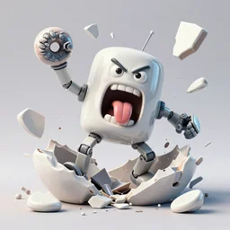 dissection of funny, angry screaming with tongue out ceramic exploding crash miniature toy resin Figure mechabot falling apart 8K, c4d, 3d primitives, in a Studio hollow, surrounded by flying parts, explosion drawing, by pixar, beeple, by jeff koons, blender donut tutorial