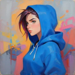 greg manchess portrait painting of a beautiful girl wearing a blue hoodie as overwatch character, medium shot, asymmetrical, profile picture, organic painting, matte painting, bold shapes, hard edges, street art, trending on artstation, by huang guangjian and gil elvgren and sachin teng and wlop and rossdraws and greg rutkowski
