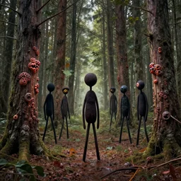 a stickman forest by simon stalenhag and gillis rombouts and greg rutkowski and beeple and anton fadeev, hyperrealism!, oozing pustules, chiaroscuro!!!!, tonalism!, desaturation, high contrast, vibrant!, highly detailed, volumetric lighting