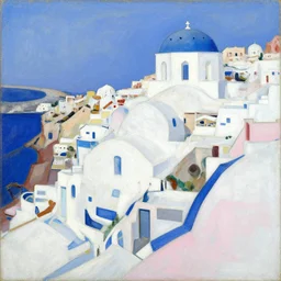 abstract landscape painting of seaside town santorini, white, blue, pink, by david bomberg, borgeaud, marius borgeaud, sonia delaunay, albert marquet, richard diebenkorn, ilse d'hollander