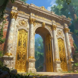 perfect digital painting close shot angle from below of giant luxurious ornated romanic marble brick wall with ornated giant open gates, atmospheric perspective, on a fantasy landscape by greg rutkowski, wayne barlowe and cristian sauret, 8 k, vivid color scheme, golden gates, forest surrounding it, fantasy atmospheric lighting