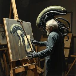 h. r. giger, stands at his easel, painting his alien xenomorph