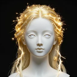 full head and shoulders, beautiful porcelain female person, large electrical gold sparks, glowing lightening, delicate facial features, white detailed eyes, white lashes, on black background, by daniel arsham and james jean