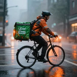 uber eats delivery driver on a bicycle, mega details, greg rutkowski, orange lights, heavy rain, fog, beautiful rtx reflections, photorealistic, unreal engine 5, octane render, volumetric light, cg society, 4 k, bokeh, artstation