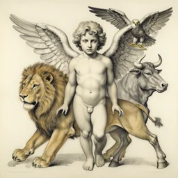 cherub with face of man, lion, eagle, bull. drawn by zdzislaw beksinski
