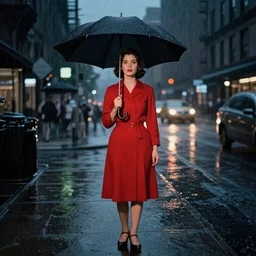 woman in red waiting under the rain, holding an umbrella, 1950, new york, night