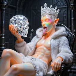 photo of baroque and bladerunner delicate neon diamond sculpture of ceramic albino king adrien sahores seductive delicious tongue out, creamy orange iridescent humanoid deity wearing white fluffy hoody holding diamond skull in a black metallic dungeon, reclining, glowing rainbow face, crown of white diamonds, cinematic lighting, photorealistic, octane render 8 k depth of field 3 d