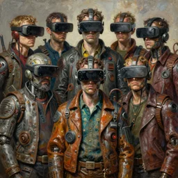 junky men with competer, cybertronic gadgets and vr helmet, durty colours, rotten textures, rusty shapes, biotechnology, norman rockwell, tim hildebrandt, dariusz zawadzki, bruce pennington, larry elmore, intricate complicity, hyperrealistic oil painting on canvas, deep depth field, masterpiece, cinematic composition, hyper - detailed