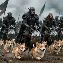 photos of dark elves riding armored corgi dogs into battle, photorealistic, cinematic, in the style of peter jackson