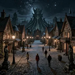 empty lovecraftian town square surrounded by houses and inns.  lovecraftian city at night by cyril rolando and naomi okubo and dan mumford and ricardo bofill. lovecraft. cobbled streets. oil lamp posts. lovecraftian statues. starry night sky. cthulhu.