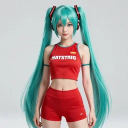 hatsune miku wearing crop red gym top with white lettering, cropped red yoga short, Advertising photography by Mario Testino, masterwork, cgstudio