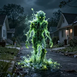 a being of green ghostly viscous slime ooze making its way through abandoned midnight suburban streets, inevitable doom, concept art, goosebumbs novel cover, wisp lights, rhads,