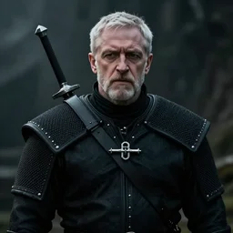 Jeremy Corbyn as The Witcher, 4K, epic, cinematic, focus, movie still, fantasy, serious, extreme detail, atmospheric, dark colour