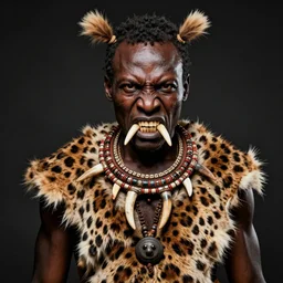 full figure of a african warrior wearing animal skins and a scary teeth necklace, angry look, dark background, studio light, hdr, nikon 2 4 mm f / 1. 8 g, by sebastiao salgado