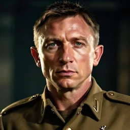 cinematic shot of an epic portrait of daniel craig dressed in military clothes, stylised military clothes, shiny skin, beautiful eyes, beautiful, small details, night setting, realistic poster with volumetric light from craig mallism, artgerm, jeremy lipkin and michael garmash, unreal engine, radiant light, digital art, trends at art station, a masterpiece
