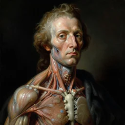 baroque neoclassicist colorful sci - fi portrait of mad scientist's anatomy. reflective detailed textures. gloomy atmosphere, black background. highly detailed fantasy science fiction painting by, moebius, norman rockwell, frank frazetta, and syd mead. high contrast. artstation