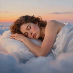 highly detailed painted portrait of beautiful woman sleeping in the clouds during sunset, photography by amy leibowitz and cindy sherman,