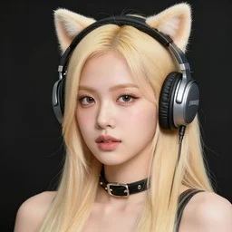 realistic beautiful gorgeous natural cute Blackpink Lalisa Manoban blonde hair cute fur blonde cat ears, wearing headphones. wearing black leather choker, wearing glack glasses, in virgin killer sweaters elegant outfit golden eyes artwork drawn full HD 4K highest quality in artstyle by professional artists WLOP, Taejune Kim, Guweiz, ArtGerm on Artstation Pixiv