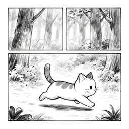 a storyboard pencil sketch of a cat running through a forest, black and white, rough sketch with erased lines, trending on artstation, detailed, anime