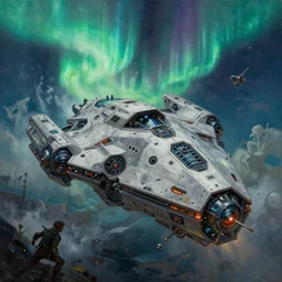 samurai spaceship , illustration, chaotic, invasion, thanatos, nano hex armor hull, alien starship, aurora borealis on background, disintegration, volumetric lighting, soft lighting, soft details, painting oil on canvas by craig mullins and ryan church, doug chiang, octane render, HDR, trending on artstation, 4k, 8k, HD