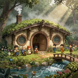a gathering at a medieval hobbit home, ornate, beautiful, atmosphere, vibe, mist, smoke, chimney, rain, wet, puddles, waterfall, clear stream, bridge, forest, flowers, concept art illustration, color page, 4 k, tone mapping, doll, akihiko yoshida, james jean, andrei riabovitchev, marc simonetti, yoshitaka amano, digital illustration, greg rutowski, volumetric lighting, sunbeams, particles