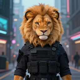 beautiful furry art portrait commission of a female furry anthro lioness fursona wearing a tactical swat uniform in the streets of a cyberpunk city at night in the snow. purple and yellow neon light. character design by charlie bowater, ross tran, artgerm, and makoto shinkai, detailed, inked, western comic book art