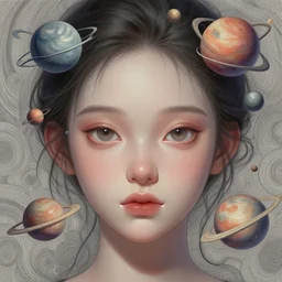 closeup portrait perfectly detailed of a beautiful mysterious girl, mini planets around head, cute eyes, swirly intricate linework background by stanley artgerm lau, smooth, digital painting, by greg rutkowski and james jean, zbrush, trending on artstation, unreal engine 5