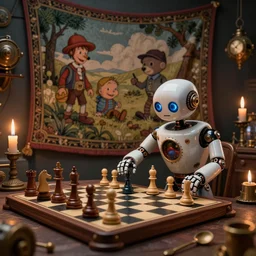 a beautiful tapestry, a small robot playing 3 d chess, ultra detailed, atmospheric lighting, steampunk, moody, candles, characters from machinarium, by don bluth, trending on artstation, octane render, 8 k, ultra realistic