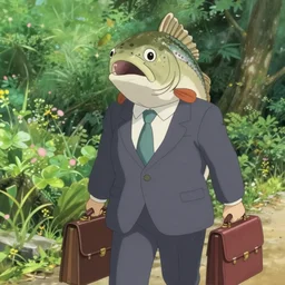 realistic trout in suit with briefcase on way to work, business fish, miyazaki, fish face, studio ghibli, movie still, lush background, cinematic, detailed, anime, trending on artstation