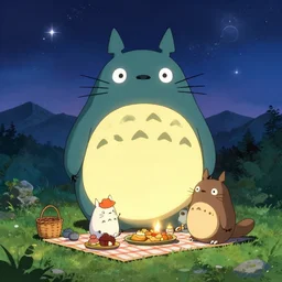 glowing snorlax and totoro doing a picnic, mountain landscape, night sky, digital art, digital painting, celestial, majestic, colorful
