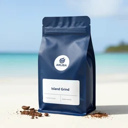 dark blue white, island grind coffee aruba
