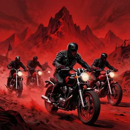 horror art, motorbikers in spiked leather jackets race in hell, red peaks in the background, art by ismail inceoglu