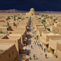 scenic view of a merchant street intersection in a fantasy kasbah, simple adobe houses, dense architecture, colorful crowd, huge temple in the background with a round roof, at night, set in the nevada desert, Academic detailed painting by craig mullins and thomas kinkade and james gurney