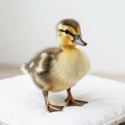 a photo of a cute flurry multi - colored duckling standing on a white cushion