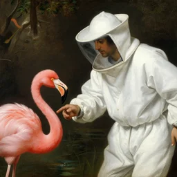 close up of man in white beekeeper costume chasing a flamingo in a swamp. painting by gertrude abercrombie, fra angelico, fra filippo lippi