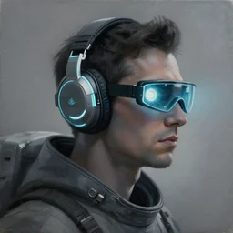 programmer with glowing geordi cyclops visor over eyes and sleek neon headphones headshot desaturated profile portrait painting by donato giancola, dean cornwall, rhads, tom whalen, alex grey astronaut cyberpunk electric fashion photography