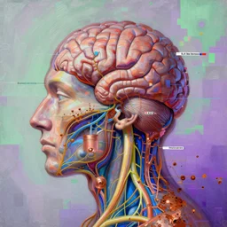 a beautiful glitched painting by robert proch and alex bertaina of an anatomy study of the human brain nervous system, color bleeding, pixel sorting, copper oxide and rust materials, brushstrokes by jeremy mann, cold top lighting, pastel purple greebled background