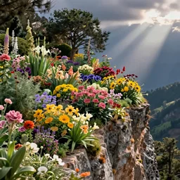 a gorgeous garden on the edge of a cliff filled with beautiful flowers of all colors and from all around the world