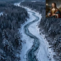 high altitude aerial view of a long sinuous frozen river going through a wintter forest at night, parallel realities, 3 d photorealistic octane render, 8 k, sharp focus, dramatic lighting, ambient lighting, renaissance painting, by michael kutsche, by artgerm and tim burton