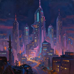 Futuristic Brutalist City at night, neon lights, solarpunk, Landscape oil painting