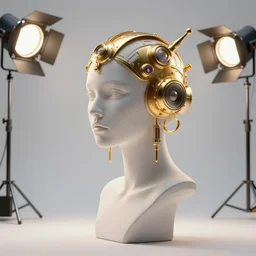 complex 3 d render, ultra detailed, beautiful natural light, studio lights, rim light, white studio, fascinating female, 1 5 0 mm lens, golden head piece with solarpunk details, elegant, hyperrealistic, ultra detailed, octane render, h. r. giger style, volumetric lighting, 8 k post - production