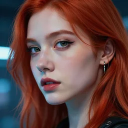 beautiful redhead woman, cyberpunk, closeup