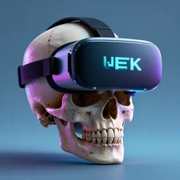 a skull with a vr headset in a cyberpunk aesthetic, 4 k, with the exact words pixel written on the headset