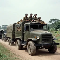 film still, French Military convoy in 1994 Rwanda génocide